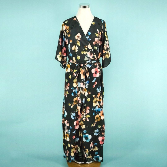 Hutch Plus Size 1X Gemma Black Floral Print Wrap Kimono Short Sleeve Maxi Dress - Picture 1 of 6